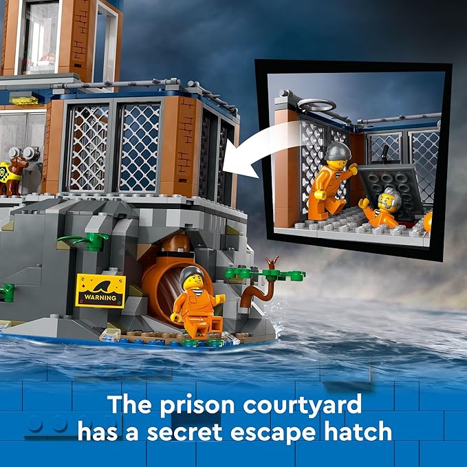 LEGO City Police Prison Island Toy Building Set, Birthday Gift for Boys and Girls Ages 7 Plus, Imaginative Play, Helicopter Toy, Boat Toy and Dinghy, 7 Minifigures with Dog and Shark Toy, 60419