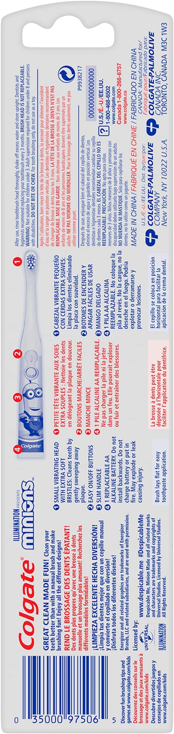 Colgate Kids Battery Powered Toothbrush, Kids Battery Toothbrush with Included AA Battery, Extra Soft Bristles, Flat-Laying Handle to Prevent Rolling, Minion Toothbrush, 1 Pack