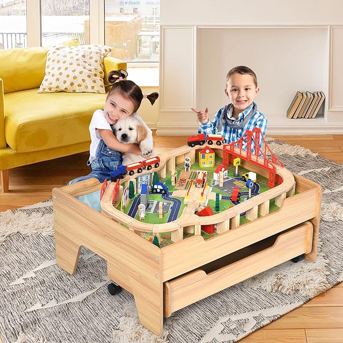 HONEY JOY Train Table, Wooden Kids Activity Table with Storage Drawer, 100 Multicolor Pieces, Tracks, Trains, Cars, Toddler Train Table Set, Gift for Boys Girls Age 3+, Natural