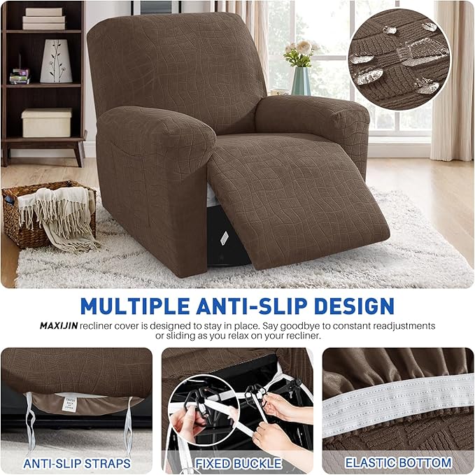 MAXIJIN Waterproof Recliner Chair Covers 3 Pieces Recliner Cover That Stay in Place, Washable Lazy Boy Recliner Slipcovers with Pockets Reclining Protector for Pet, Kids (Recliner, Light Coffee)
