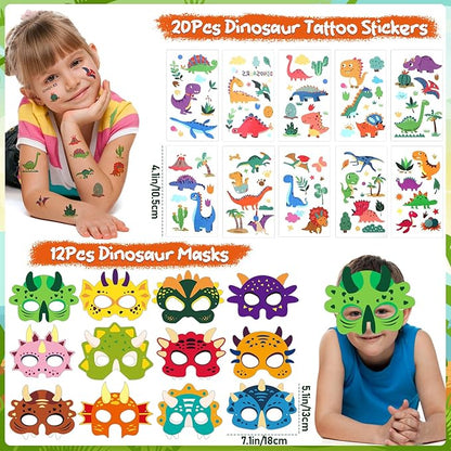 166 Dinosaur Party Favors Dino Birthday Supplies Mask Egg Figure Scracth Bookmark Slap Bracelet Keychain Sticker Tattoo Toy Gift Kid Boy Girl Goodie Bag Stuffer Dinosaur Themed Party Supplies