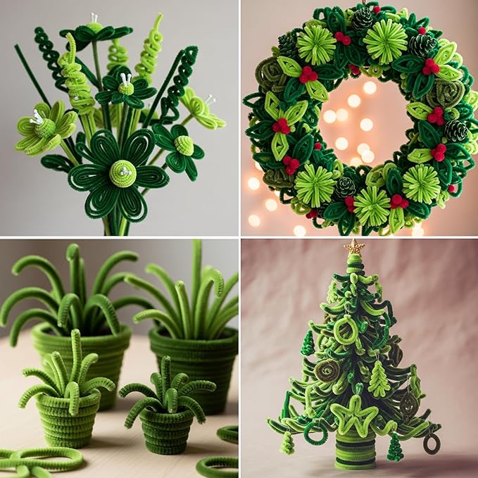 Caydo 200 Pieces Green Pipe Cleaners,Thick Fluffy Chenille Stems, Pipe Cleaner Crafts for Arts & Crafts, Perfect for Making Animals, Flowers, and Mother's Day Decorations