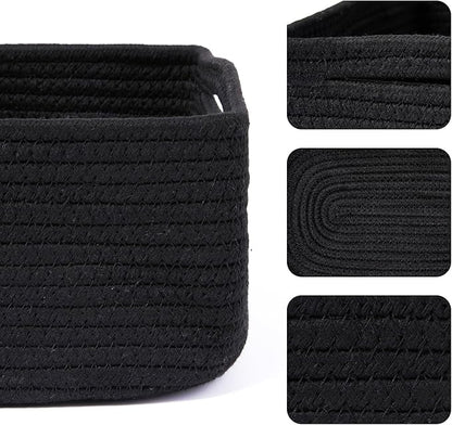 MiniArk Small Storage Baskets for Organizing | Closet Organizer Bins | Shelf Toy Basket | Woven Rope Baskets | Cube Decorative Box | Shallow Basket | 13x8.5x5.1” | 3 Packs Black