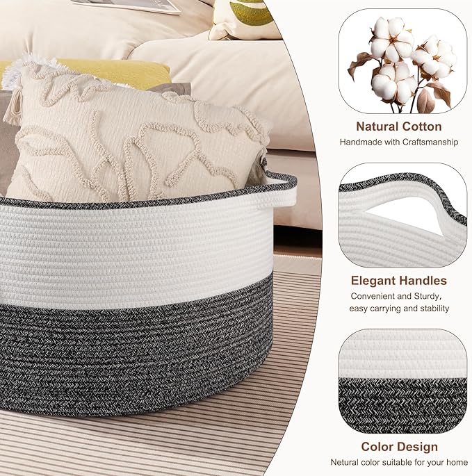 OIASKET Large Blanket Basket with Handles, 22.8" x 22.8" x 13" Woven Storage Basket for Living Room, Cotton Rope Baby Toy Storage for Clothes, Pillows, Towels-Black & White