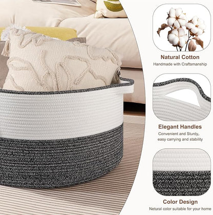 OIASKET Large Blanket Basket with Handles, 22.8" x 22.8" x 13" Woven Storage Basket for Living Room, Cotton Rope Baby Toy Storage for Clothes, Pillows, Towels-Black & White
