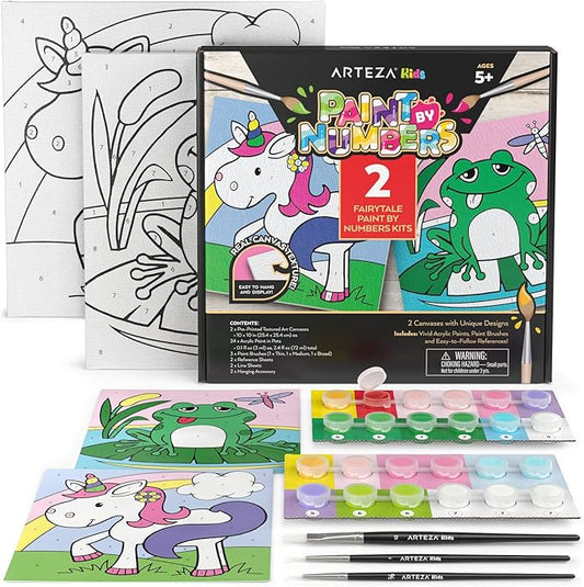 Arteza Kids Paint by Numbers Kit, 10" x 10", Pre-Printed Fairytale Canvas Painting Kit with 2 Canvases, 24 Acrylic Paint Pots, 3 Paintbrushes, Art Supplies for Developing Hand-Eye Coordination, Frog