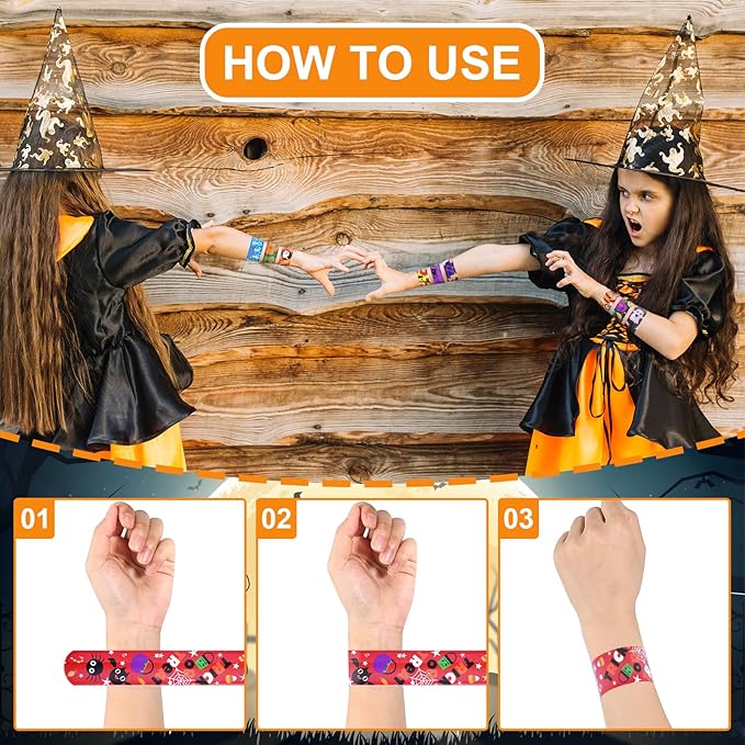 48 Pieces Halloween Slap Bracelets Bulk Party Favors for Kids - 12 Designs Spooky Snap Bands, Trick-or-Treat Goodie Bag Fillers, Classroom Prizes Accessories, Wrist Decorations Gifts Supplies