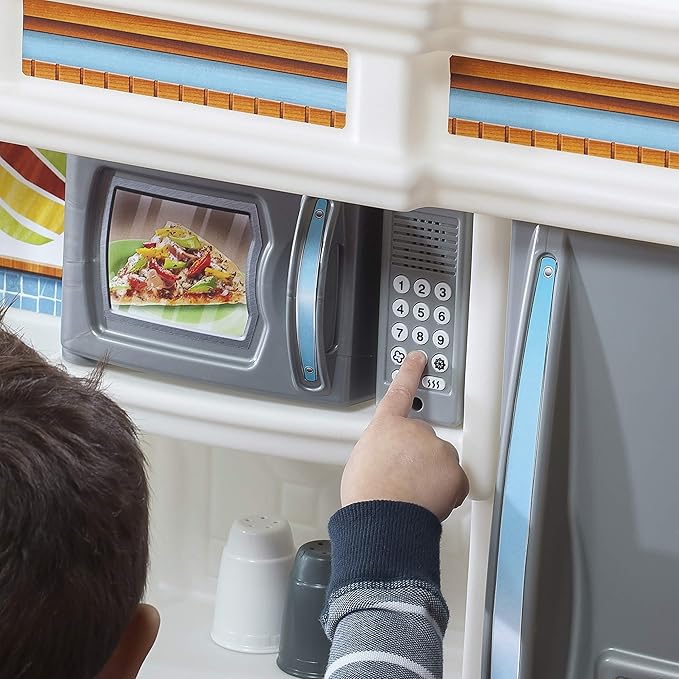 Step2 Lifestyle Custom Kids Kitchen Playset, Indoor/Outdoor Kitchenette, Interactive Play with Lights and Sounds, Made of Durable Plastic, 20 Piece Toy Accessories, Toddlers 2+ Years Old, Tan