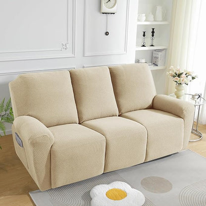 JIVINER 8-Piece Recliner Sofa Covers Stretch Jacquard Couch Covers for Recliner Slipcovers for Living Room 3 Cushion Soft Recliner Protector with Pocket (Sofa Recliner, Light Beige)