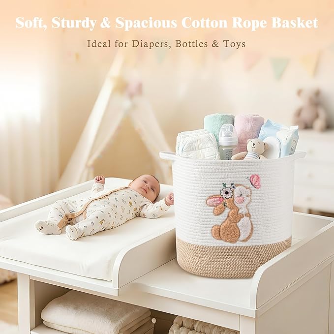 INough Large Blanket Baskets for Living Room, Bunny Baskets Toy Storage Basket Woven Cotton Rope Basket for Kids, Toys Organizer Clothes Hamper with Embroidery, Laundry Hamper Nursery Decor ( Large )