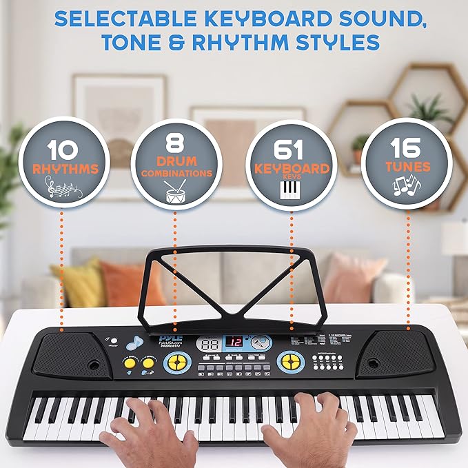Electric Keyboard Piano 61 Keys - Portable Digital Musical Karaoke Piano Keyboard -10 Rhythms 16 Tones, Stereo Speakers, Rechargeable Battery - Wired Microphone - Beginners Kids Adult - Pyle PKBRD6112