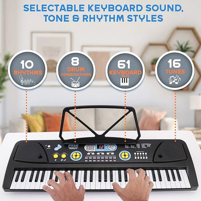 Electric Keyboard Piano 61 Keys - Portable Digital Musical Karaoke Piano Keyboard -10 Rhythms 16 Tones, Stereo Speakers, Rechargeable Battery - Wired Microphone - Beginners Kids Adult - Pyle PKBRD6112