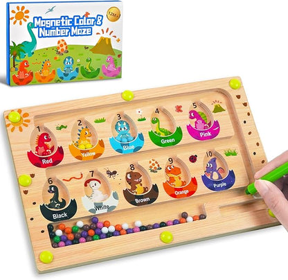 Montessori Toys Busy Board Travel Toys for Toddlers Kids Wooden Magnetic Color and Number Maze Puzzle, Dinosaur Learning Education Toys for Fine Motor Skills, Easter Basket Stuffers (Small)