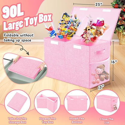 Large Toy Storage Box with Lid Divider, Sturdy Collapsible Toys Organizer Chest Kids Storage Bins Boxes Baskets for Boys, Girls, Nursery, Bedroom, Living Room, Playroom, 25"x13"x16", Pink