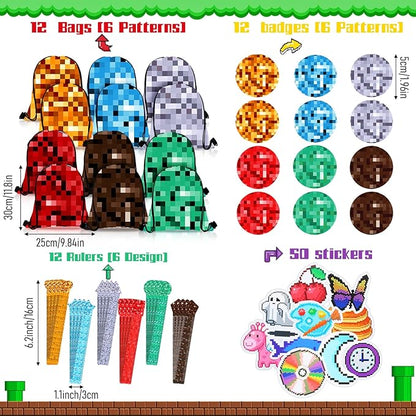 Paterr 103 Pcs pixel Birthday Party Favor Supplies Include Drawstring Bags Silicone Bracelets Badge Buttons Spiral Notebooks Pencils Bookmarks and Stickers for Carnival Prizes Gift Decorations