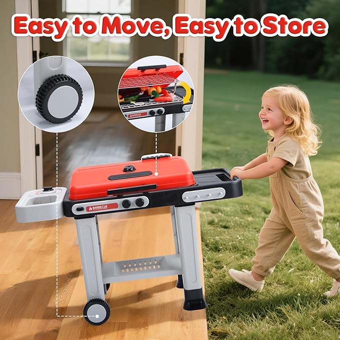 CUTE STONE Kids BBQ Grill Toys, Color Changing Play Food, Sizzling Sound & Light Effects, Cool Mist Spray, Pretend Cooking with Frying & Grilling, 2-Tier BBQ on Wheels - Kitchen Toy, Birthday Gift