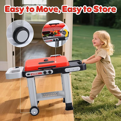 CUTE STONE Kids BBQ Grill Toys, Color Changing Play Food, Sizzling Sound & Light Effects, Cool Mist Spray, Pretend Cooking with Frying & Grilling, 2-Tier BBQ on Wheels - Kitchen Toy, Birthday Gift