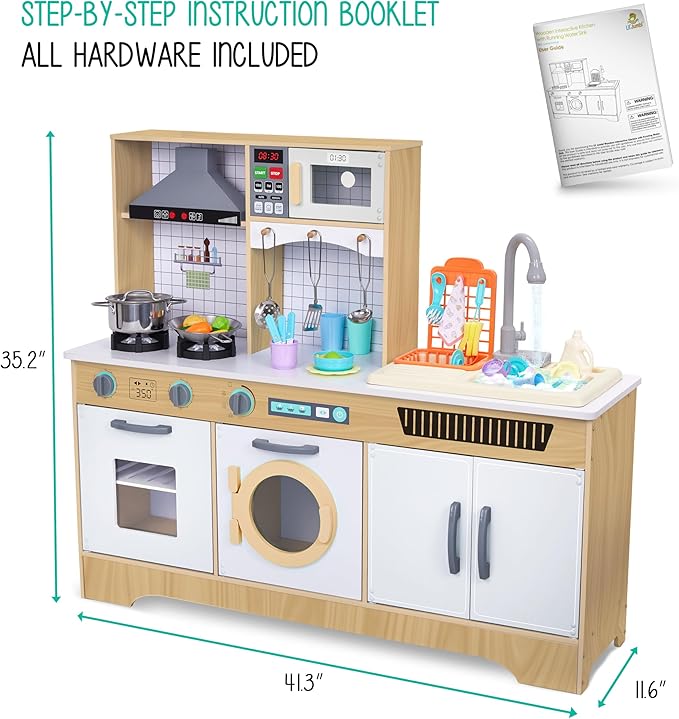 Lil' Jumbl Kids Wooden Natural Color Kitchen Set, Pretend Working Sink with Real Running Water, Includes Range Hood, Microwave & Stove Top, Realistic Sound & Light, Full Accessory Set Included