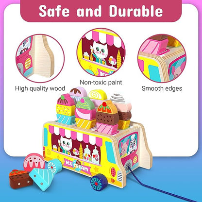 Tamy&Zee Wooden Ice Cream Truck, 27 pcs Magnetic Ice Cream Pretend Play Food & Accessories, Montessori Sorting & Stacking Toys for Toddler Girls & Boys Age 3+…