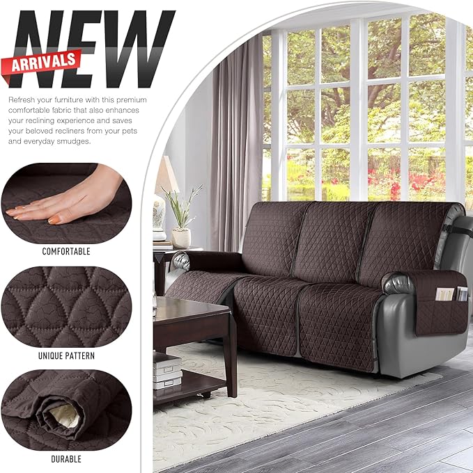TAOCOCO 100% Waterproof Recliner Sofa Cover-Non Slip Split Couch Covers for Reclining Couches with Elastic Straps,Couch Covers for 3 Cushion Couch Sofa Pet Friendly(Chocolate, 3 Seater)