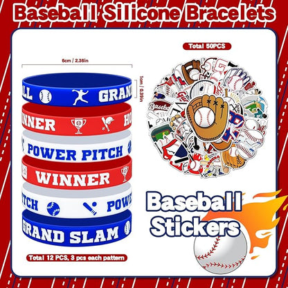 122Pcs Baseball Party Favors Baseball Goodie Bags Favors with Stress Ball Keychain Tattoo Sticker Silicone Bracelet for Baseball Themed Birthday Party Supplies