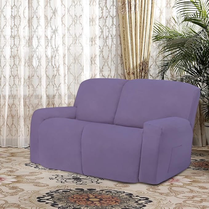 Easy-Going 6 Pieces Microfiber Stretch Sectional Recliner Sofa Slipcover Soft Fitted Fleece 2 Seats Couch Cover Washable Furniture Protector with Elasticity for Kids(Recliner Loveseat, Purple)