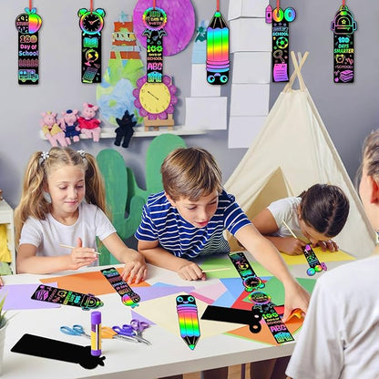JUNEBRUSHS 30Pcs100 Days of School Scratch Bookmarks, Rainbow Magic Scratch Paper Art for Kids 100 Days of School Craft for 100th Day of School Gifts Activities Project Party Favors