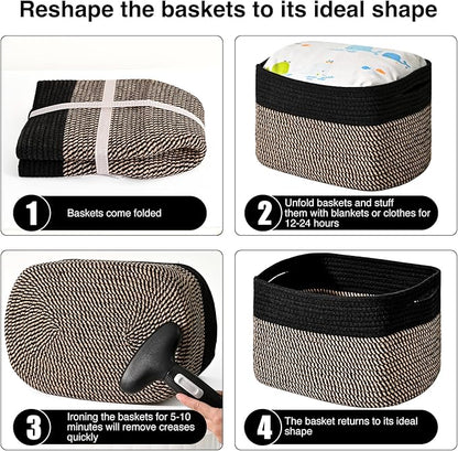 ICERZCZ Storage Baskets for Organizing Shelves, Toy Basket for Kid's Room, Woven Cotton Rope Basket for Decor, Organizing Baskets for Bedroom Living Room, 15"x11"x9.5", 3 Packs, Black & Jute