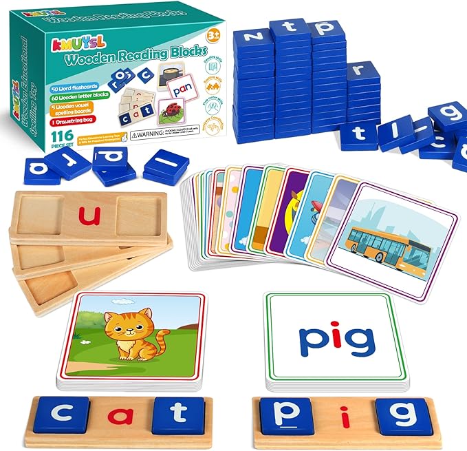 Learnign Toys for 2 3 4 5 6 Years Old Boys Girls, Wooden CVC Reading Spelling Game for Kids, Preschool Kindergarden Learning Activities, Educational Toys Gifts for 2-4 3-5 4-6 Year Old Kids