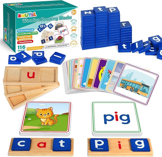 Learnign Toys for 2 3 4 5 6 Years Old Boys Girls, Wooden CVC Reading Spelling Game for Kids, Preschool Kindergarden Learning Activities, Educational Toys Gifts for 2-4 3-5 4-6 Year Old Kids