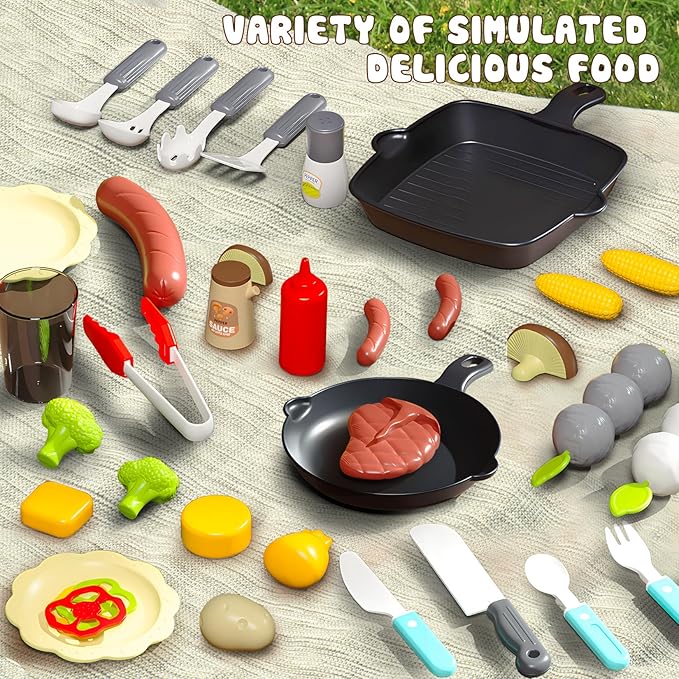 Toddler BBQ Grill Playset - Kitchen Toy Set with Smoke Sound & Light, Toy Grill BBQ Playset for Kids with Pretend Play Food Toys in/Outdoor Interactive Toys BBQ Cooking Game for Girls Boys