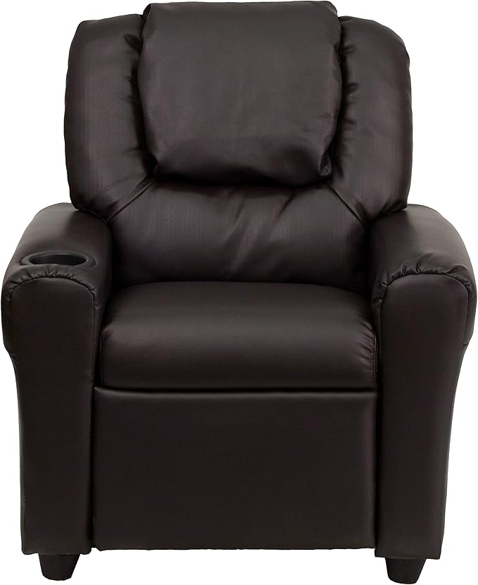 Flash Furniture Vana LeatherSoft Kids Recliner with Cup Holder, Headrest, and Safety Recline, Contemporary Reclining Chair for Kids, Supports up to 90 lbs., Brown