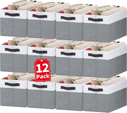 Criusia 12 Pack Large Storage Baskets for Shelves | Fabric Closet Organizers and Storage Bins with Handles for Home Organization | Decorative Collapsible Basket for Organizing Clothes Toy Nursery