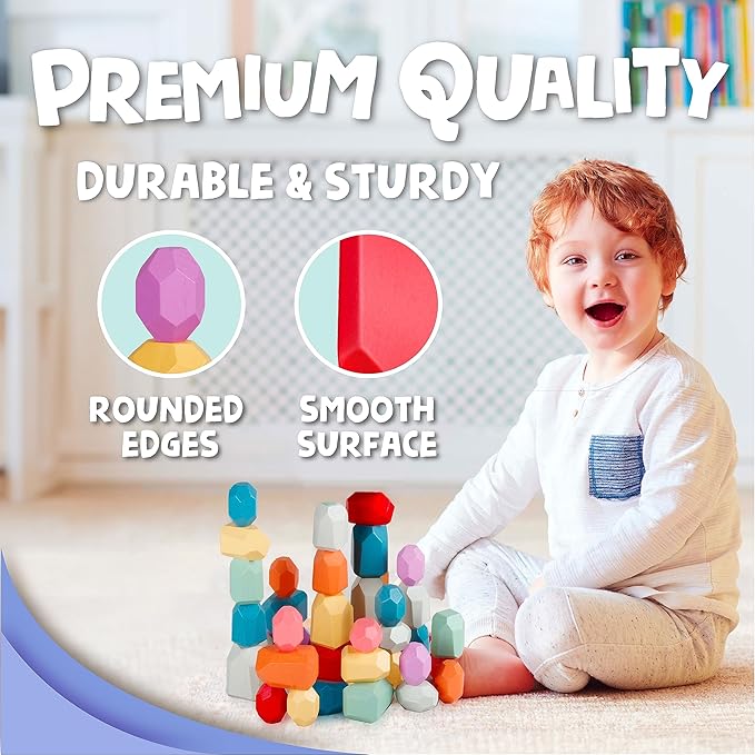 BUNMO 40pcs Wooden Stacking Blocks - Montessori Toys 3 Years Old - Educational Building Blocks for Fine Motor Skills - Fun Stacking Toys for 3+ Years Old Boys and Girls - Round Edges (Non Mouthable)