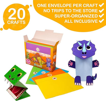 Craftikit® 20 Award-Winning Dinosaur Crafts for Kids - Award-Winning All-Inclusive Fun Toddler Arts and Crafts Box for Kids, Dinosaur Crafts for Toddlers Ages 3-5, Organized Toddler Craft Kit