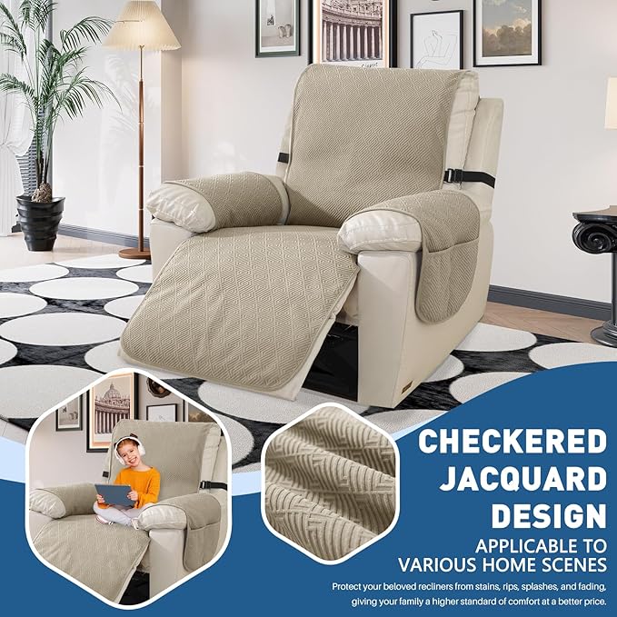 Easehomey 100% Waterproof Recliner Chair Covers,Non-Slip Recliner Covers that Stay in Place with Two Pocket Elastic Straps Washable Reclining Chair Cover Furniture Protector for Kids,Pets(Khahi,23.6")