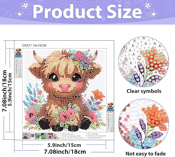 hkejoi Highland Cow Diamond Painting Kits for Kids with Frame- Highland Cow Diamond Art Kits, Animal Big Gem Diamond Painting Arts and Crafts Painting Kit for Gift Home Wall Decor 7x7inch