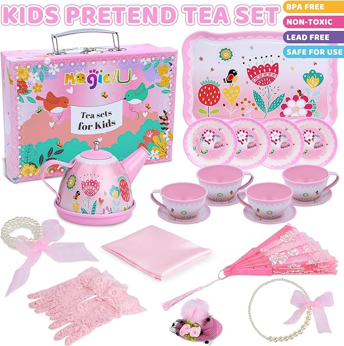 Tea Party Set for Little Girls, Tin Tea Set with Gloves Fan Necklace Bracelet Dress Up Accessories, Princess Tea Time Toys, Kitchen Pretend Play Toy, Birthday Gifts for Kids Toddler Age 3-8