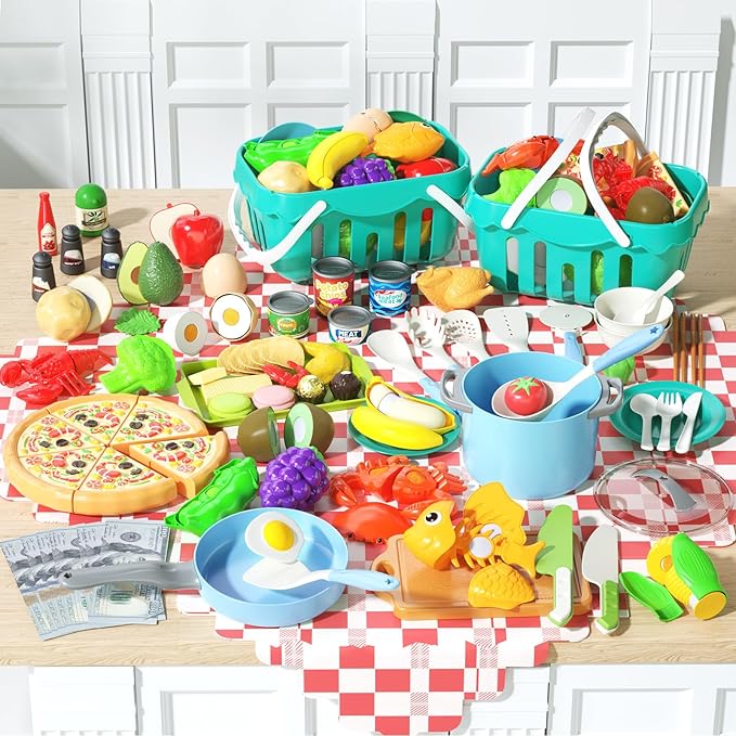 150Pcs Kitchen Playset, Toddlers Pretend Cooking Cookware Accessories, Food, Picnic Blanket, Fruits, Veges, 2Pack Shopping Storage Basket, Dessert and Prop Money, Gift for Kids (Blue)