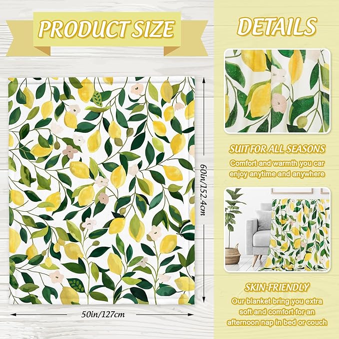 Lemon Fuzzy Blanket 60 x 50 Inch Yellow Lemon with Green Leaves Throw Blanket Bed Blanket Soft Warm Spring Summer Blanket for Adults Kids Gift Home Chair Sofa Couch