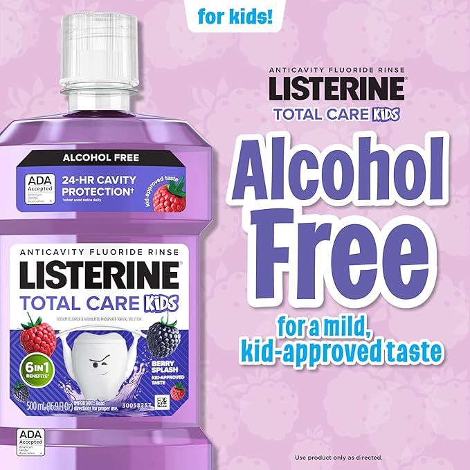 Listerine Smart Rinse Kids Alcohol-Free Anticavity Fluoride Mouthwash for Cavity Protection, Berry Splash Flavor, 500 mL