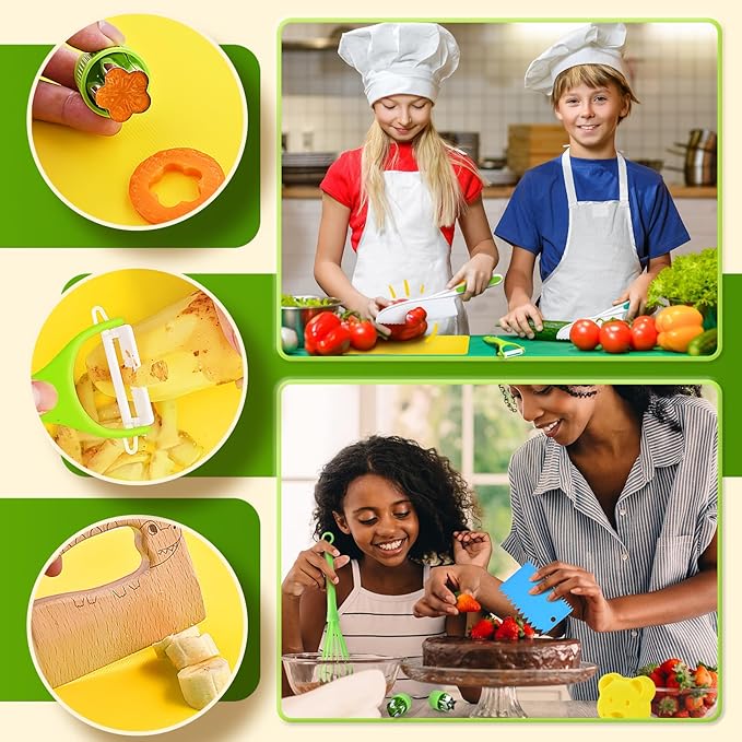 Montessori Kitchen Tools,17Pcs Toddler Knife Set Kids Knife Set for Real Cooking-Kids Kitchen Tools Set Include Toddler Knives Cutting Boards Sandwich Cutters Peeler for Toddler Birthday Gift