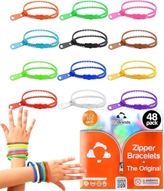 UpBrands 48 Prizes for Kids Zipper Bracelets 7 ½”, Fidget Party Favors for Kids, Sensory Toys Bulk Set, Neon Colors, Birthday Kit, Easter Egg, Treat Bags & Pinata Fillers