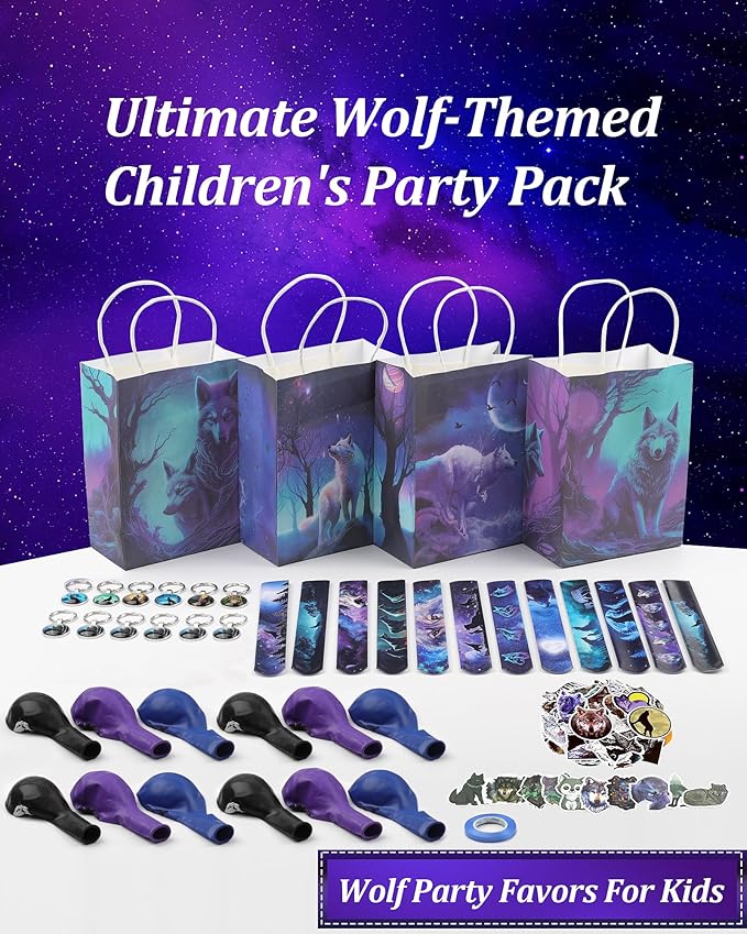 98 pcs Halloween Wolf Party Favors For Kids -Wolf Birthday Party Favors with Wolf Storage Bag Balloons Keychains Clapping Wristbands and Wolf Stickers for Wolf Party Decorations and Halloween