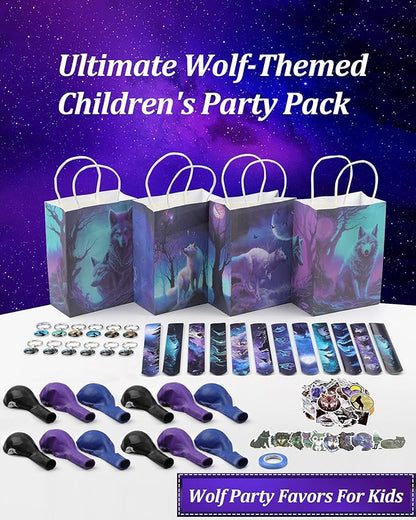 98 pcs Halloween Wolf Party Favors For Kids -Wolf Birthday Party Favors with Wolf Storage Bag Balloons Keychains Clapping Wristbands and Wolf Stickers for Wolf Party Decorations and Halloween