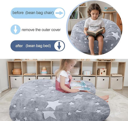 COMAX Kids Bean Bag Chair Turn into Beanbag Bed, Unicorn Toddler Bean Chair for Girl Boy Sleeping, Lazy Children Sofa Couch with Filler, Convertible Child Floor Mattress, Glowing Grey Star