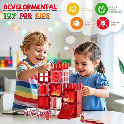 cossy Magnetic Tiles Firefighter Set, Magnet Tiles with Firefighter, Magnetic Tiles for Kids Ages 4-8, STEM Toys, Toys for 3 4 5 6 7 8 Year Old Boy and Girl, Creative Building Toys, Firefighter