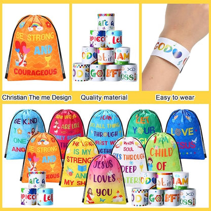 Frienda 10 Sets Christian Gift Bags Bulk Bible Verse Drawstring Bags with Jesus Slap Bracelets Religious Party Favors Gifts Jesus Loves You for Sunday School Classroom Prizes Party Supplies(Stylish)