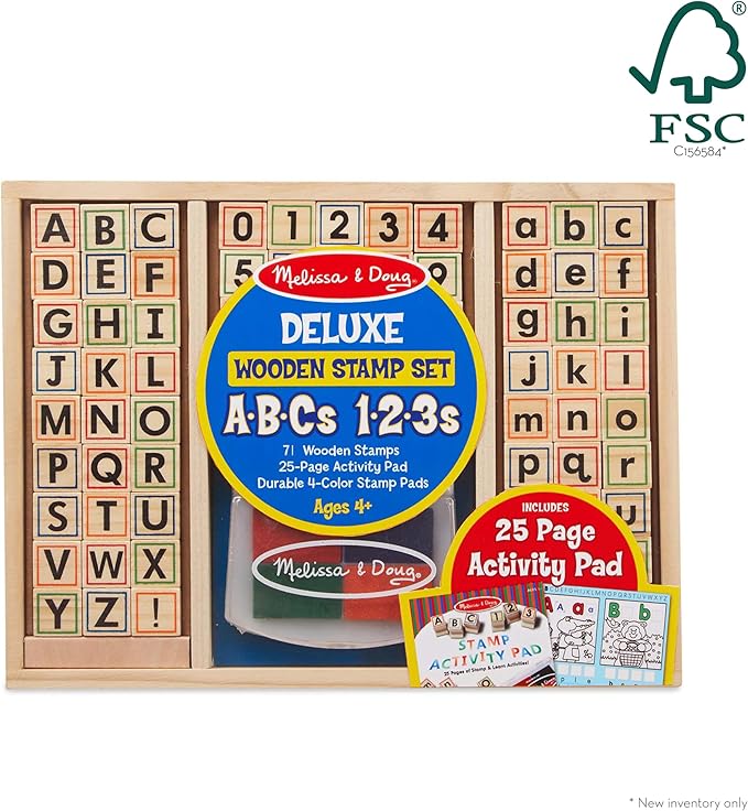 Melissa & Doug Deluxe Letters and Numbers Wooden Stamp Set ABCs 123s With Activity Book, 4-Color Stamp Pad ABC Stamps, Kids Arts & Crafts, Letter Stamps, For Kids Ages 4+ - FSC-Certified
