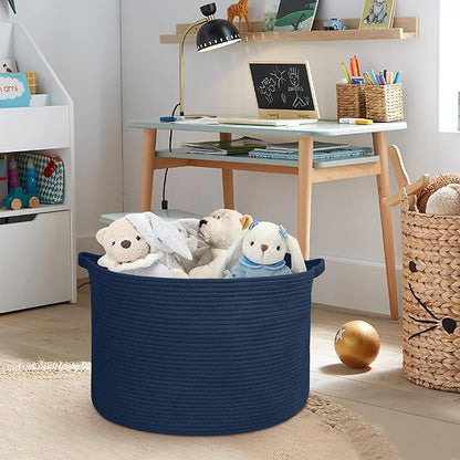 MEGASKET Dark Blue Basket for Organizing, 22" x 14" Extra Large Woven Cotton Rope Laundry Basket, Blanket Storage for Living Room Bedroom, Big Nursery Kids Toy Box Organizer, Pool Towel Storage Bin